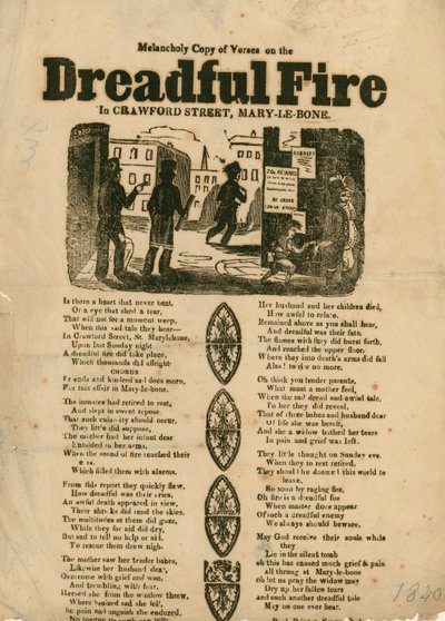 Folheto com verso relativo a um incêndio em Crawford Street, Marylebone, Londres de English School