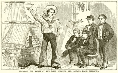 Aprendendo os nomes das velas, mortalhas, Etc., a bordo do HMS Britannia de English School