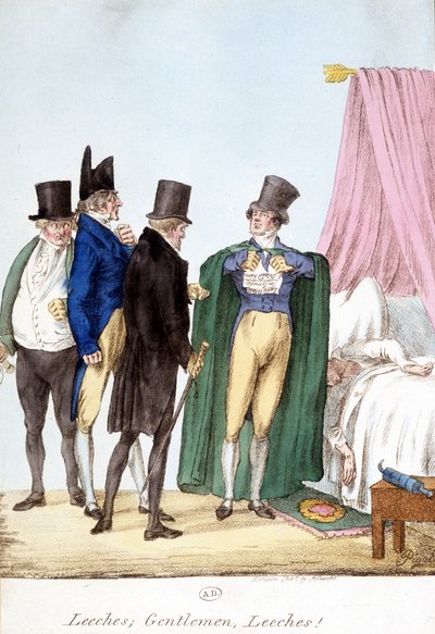 Sanguessugas, cavalheiros, sanguessugas: O humor inglês a desenhar num médico seguro de si, com um doente doente. de English School