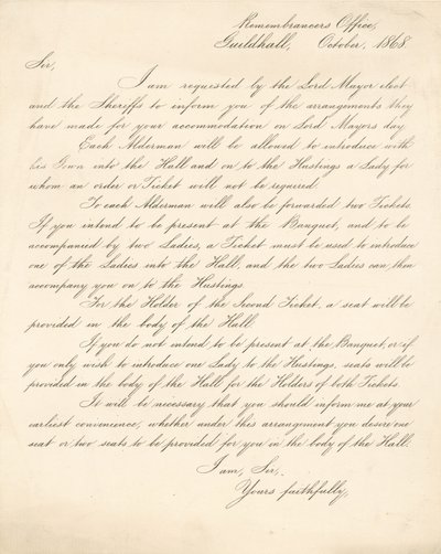 Carta detalhando arranjos para um banquete no Guildhall, Londres, em 9 de novembro de 1868 de English School