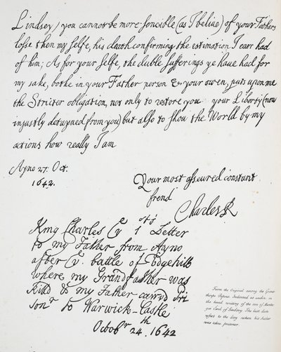 Carta de Carlos II a Montague, Conde de Lindsey, em 27 de outubro de 1642 de English School