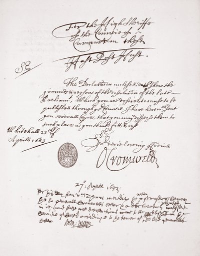 Carta de Oliver Cromwell, abril de 1653 de English School
