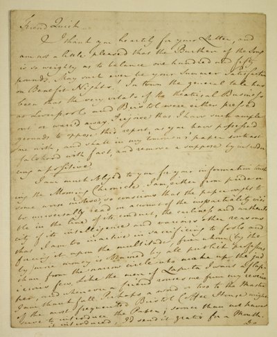 Carta de William Woodfall (1746-1803) ao ator John Quick (1748-1831) sobre as críticas favoráveis de John Henderson no Haymarket de English School