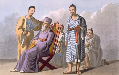 Chefe e Atendentes de Lewchewan, 1820 (aquatinta colorida) de English School