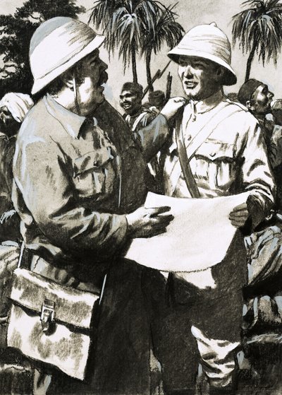 Tenente Downes e o artista Melton Prior com o desenho do ataque de Prior sobre Minhla de English School