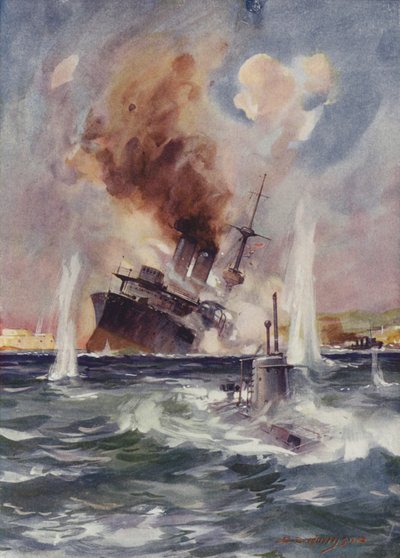 Tenente Holbrook leva submarino B11 sob as minas em Dardanelos e afunda um encouraçado turco de English School