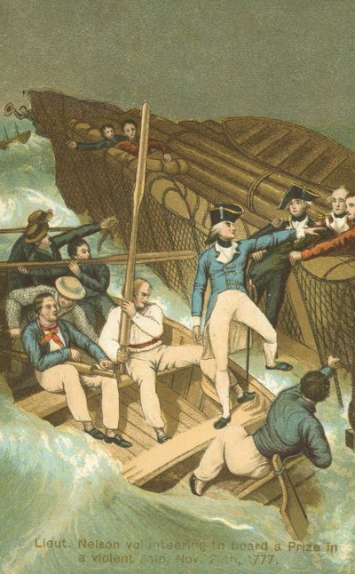 O Tenente Horatio Nelson embarca num prémio numa tempestade (cor litho) de English School