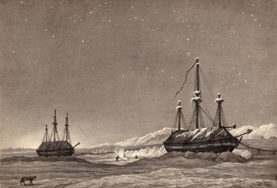 Primeira viagem do tenente William Parry: HMS Hecla e HMS Griper em Winter Harbor, c.1819 (caneta e tinta e lavagem em papel) de English School