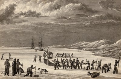 Primeira viagem do tenente William Parry: As equipes do HMS Hecla e do HMS Griper entrando em Winter Harbor, c.1819 de English School