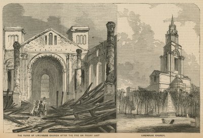 Igreja de Limehouse antes e depois do incêndio de English School