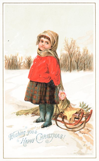 Menina que está por um sledge, cartão de Natal de English School
