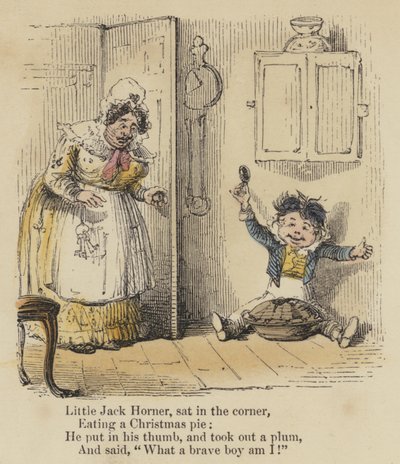 O pequeno Jack Horner, sentou-se no canto, a comer uma tarte de Natal, meteu o polegar e tirou uma ameixa, e disse: "Que rapaz corajoso sou eu!" (gravura colorida) de English School