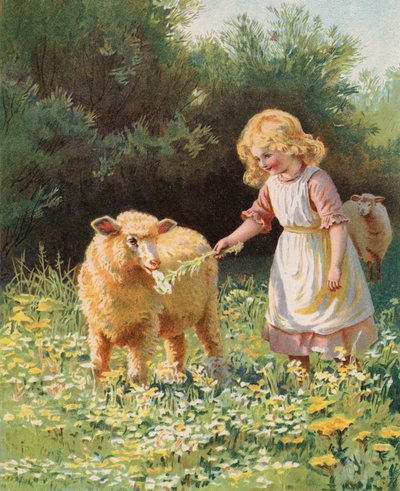 Menina alimentando uma flor a uma ovelha num prado (chromolitho) de English School