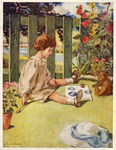 Menina brincando de tomar chá no jardim com seu ursinho de pelúcia (lito colorido) de English School