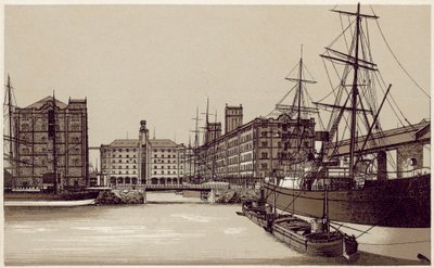 Liverpool: Doca de Waterloo e armazéns de cereais (litografia) de English School