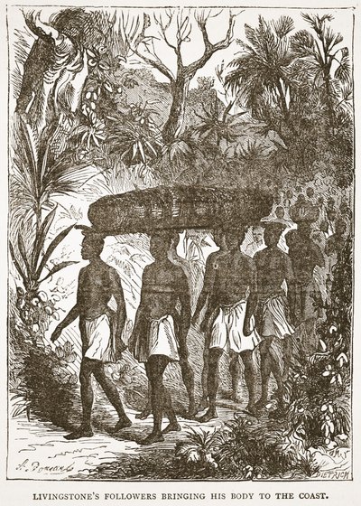 Seguidores de Livingstones que trazem seu corpo à costa, ilustração da edição pictórica da vida e das descobertas de David Livingstone por J. Ewing Richie, bar. por A. Fullarton & Co., 1876 (li de English School