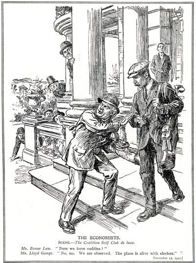 Lloyd George e Bonar Law no Coalition Golf Club, temerosos da liga Anti-Lixo, precisam renunciar ao luxo dos caddies. Dezembro de 1920 de English School