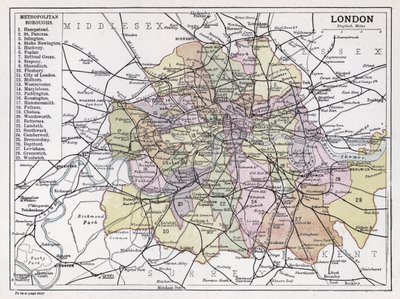 Londres, Metropolitan Boroughs (cor litho) de English School