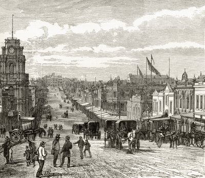 Olhando para o leste pela Bourke Street, Melbourne, c.1880, de "Australian Pictures", de Howard Willoughby, publicado pela Religious Tract Society, Londres, 1886 de English School