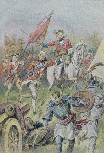 Lorde Clive comandando os britânicos na Batalha de Plassey, na Índia, em 1757 de English School