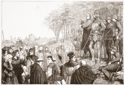 Lord Cobham em um Lollard Preaching, ilustração da História do Protestantismo por James Aitken Wylie (1808-1890), pub. 1878 de English School