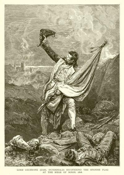 Lorde Cochrane (Earl Dundonald) recuperando a bandeira espanhola no cerco de Rosas, 1808 de English School