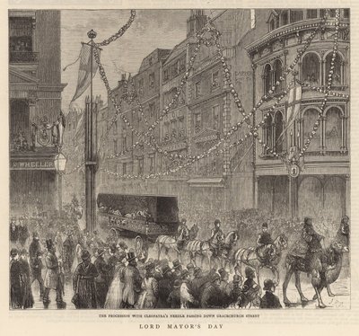 Lord Mayors Day: A procissão com Cleopatras Needle passando pela Rua Gracechurch de English School