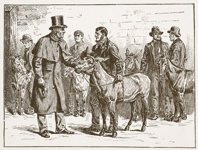 Lord Shaftesbury que inspeciona uma mostra do asno dos costermongers, ilustração da igreja de Inglaterra: Uma história para os povos por HDM Spence-Jones, bar. c.1910 (foto sépia) de English School