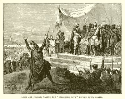 Louis e Charles fazendo o juramento de Strasburg antes de seus exércitos de English School