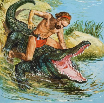Louis, o náufrago da Ilha Deserta, a atacar um crocodilo (guache sobre papel) de English School