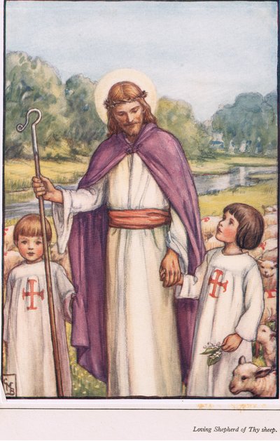 Pastor amoroso de thy ovelhas, ilustração do livro das crianças de hinos, 1929 de English School