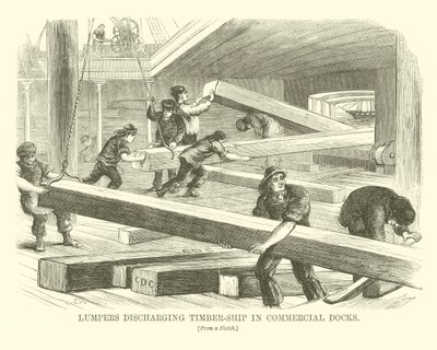 Carregadores a descarregar navios de madeira em docas comerciais (gravura) de English School
