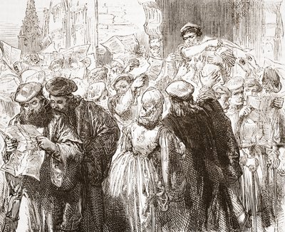 Panfleto de Lutero: cena na gráfica, ilustração de The History of Protestantism por James Aitken Wylie (1808-1890), pub. 1878 de English School