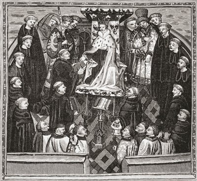 Lydgate apresentando seu livro ao rei Henry V, de "Uma Breve História do Povo Inglês" por JR Green, publicado em 1893 de English School