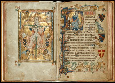 MS 242 f. 28v-29r O Trono da Misericórdia com patronos, Cristo abençoando com um patrono, c.1314-30 (folha de ouro e têmpera sobre pergaminho) de English School