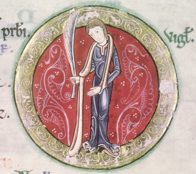 MS Hunter 229 f.4v Virgo, do Hunterian Psalter, c.1170 (caneta & tinta e têmpera em velino) (detalhe) de English School