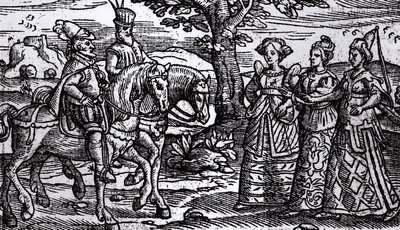 Macbeth, Banquo e as Três Bruxas, The Historie of Scotlande, 1577, de English School