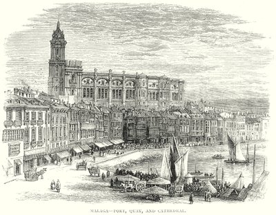 Málaga - Porto, cais e catedral (gravura) de English School