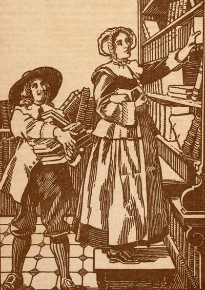 Varejistas masculinos e femininos trabalhando em uma livraria do século 17 (lito) de English School