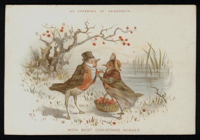 Robins masculinos e femininos em fato. Cartão de Boas Festas de Natal. (chromolitho) de English School