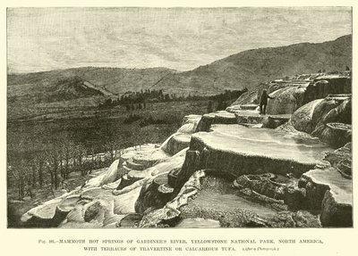Mammoth termais do rio Gardiners, Parque Nacional de Yellowstone, América do Norte, com terraços de travertino ou calcário calcário de English School