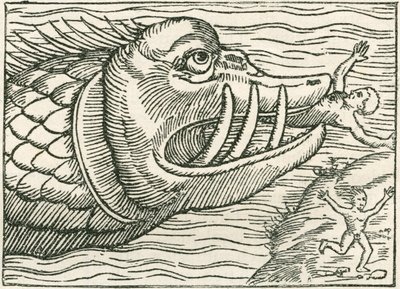 Homem a ser comido por uma serpente marinha. Ilustração encontrada na margem de um mapa elaborado por Olaus Magnus de English School