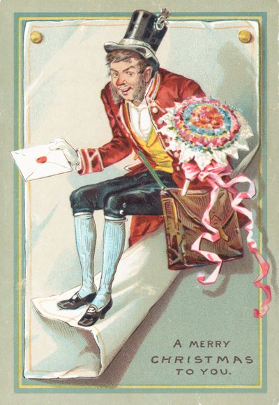 Homem entregando carta e flores, cartão de Natal de English School