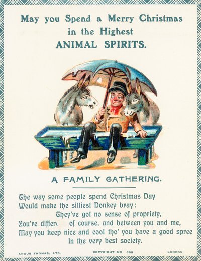 Homem, sentando, água, trough, segurando, guarda-chuva, dois, burros, natal, cartão de English School