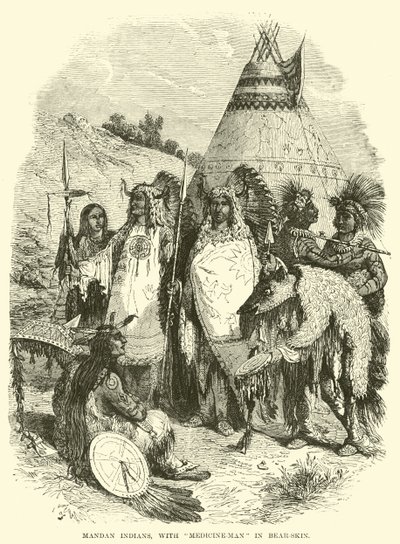 Índios Mandan, com o homem da medicina em pele de urso de English School