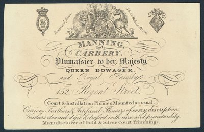 Manning, atrasado Carnery, plumassier, cartão de comércio de English School