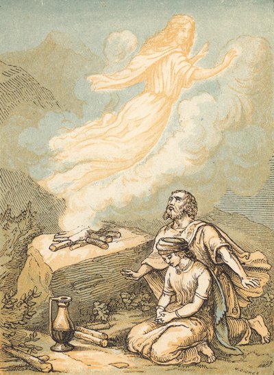 Manoah and his Wife (gravura colorida) de English School