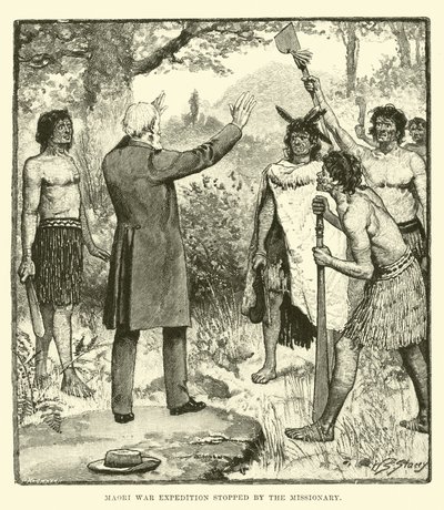 Expedição de Guerra Maori parada pelo missionário de English School