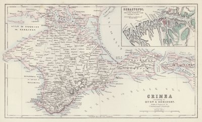 Mapa: Crimeia, de acordo com Huot e Demidoff, desenhado e gravado por J Bartholomew, Edimburgo; Sebastopol, de acordo com um plano russo original reduzido publicado em Berlim (litografia a cores) de English School