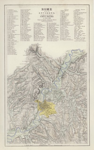 Mapa: Roma, com seus arredores, segundo o Levantamento do Barão Moltke, em 1845 e 1846, desenhado por Augustus Petermann (cor litho) de English School